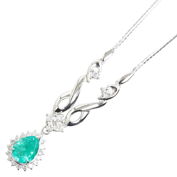 Pt850 プラチナ エメラルド1.70ct ダイヤ0.66ct ティアドロップ モチーフ ネックレス レディース 【中古】