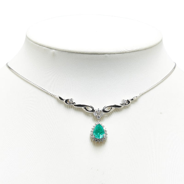 Pt850 プラチナ エメラルド1.70ct ダイヤ0.66ct ティアドロップ モチーフ ネックレス レディース 【中古】