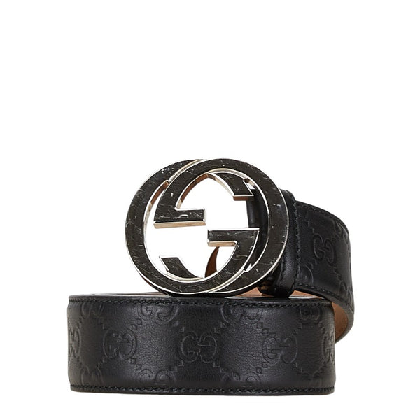 グッチ グッチシマ インターロッキングG ベルト 90.36 114984 ブラック シルバー レザー メンズ GUCCI 【中古】