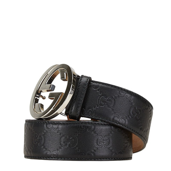 グッチ グッチシマ インターロッキングG ベルト 90.36 114984 ブラック シルバー レザー メンズ GUCCI 【中古】