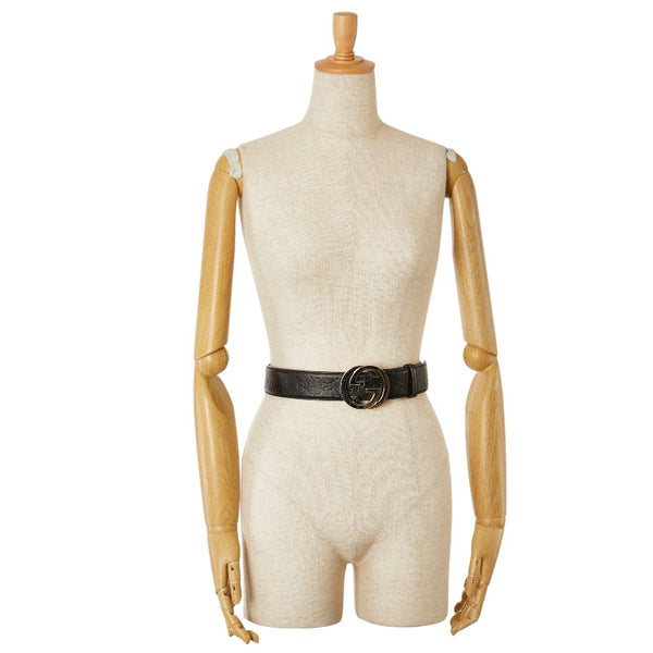 グッチ グッチシマ インターロッキングG ベルト 90.36 114984 ブラック シルバー レザー メンズ GUCCI 【中古】