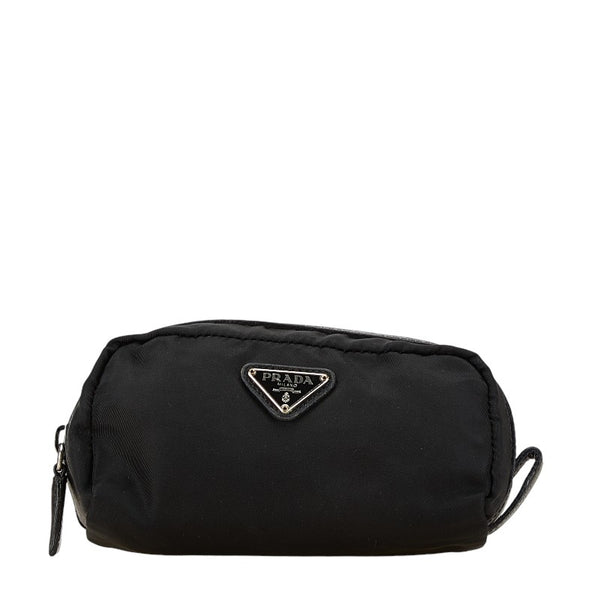 プラダ 三角ロゴプレート ポーチ ペンケース 小物入れ ブラック ナイロン レザー レディース PRADA 【中古】