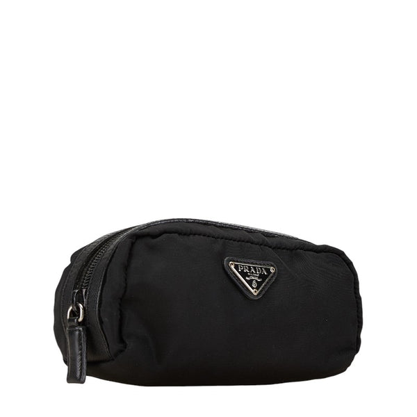 プラダ 三角ロゴプレート ポーチ ペンケース 小物入れ ブラック ナイロン レザー レディース PRADA 【中古】