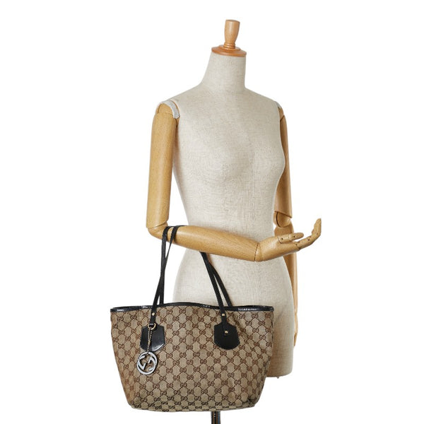 グッチ GGキャンバス トートバッグ ベージュ ブラウン キャンバス レザー レディース GUCCI 【中古】