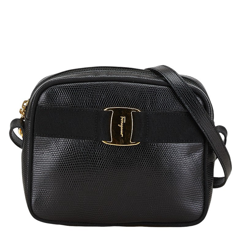 サルヴァトーレフェラガモ ヴァラ リザード 型押し ショルダーバッグ D213096 ブラック レザー レディース Salvatore Ferragamo 【中古】