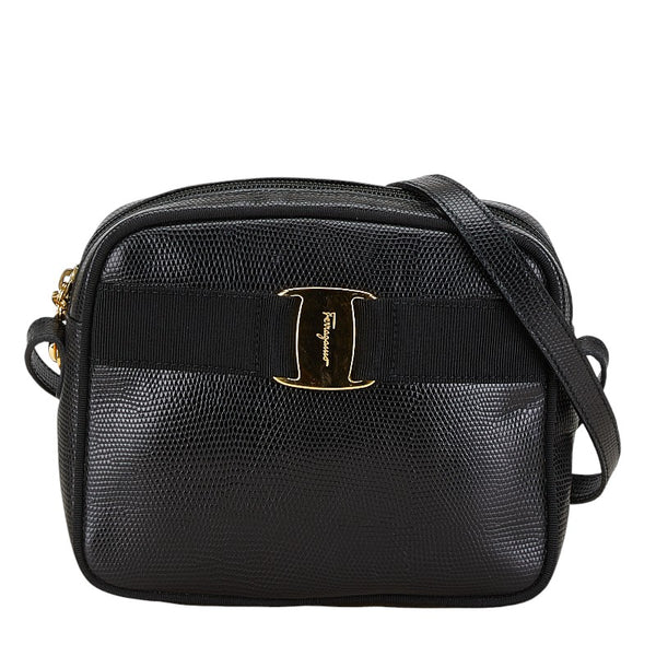 サルヴァトーレフェラガモ ヴァラ リザード 型押し ショルダーバッグ D213096 ブラック レザー レディース Salvatore Ferragamo 【中古】