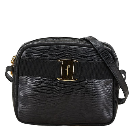 サルヴァトーレフェラガモ ヴァラ リザード 型押し ショルダーバッグ D213096 ブラック レザー レディース Salvatore Ferragamo 【中古】