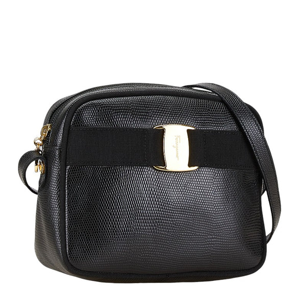 サルヴァトーレフェラガモ ヴァラ リザード 型押し ショルダーバッグ D213096 ブラック レザー レディース Salvatore Ferragamo 【中古】