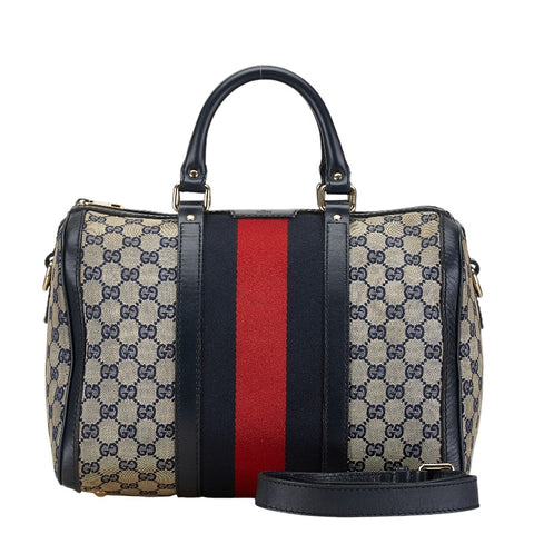 グッチ GGキャンバス シェリーライン ボストンバッグ ショルダーバッグ 2WAY 247205 ネイビー キャンバス レザー レディース GUCCI 【中古】
