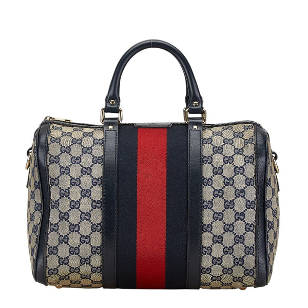 グッチ GGキャンバス シェリーライン ボストンバッグ ショルダーバッグ 2WAY 247205 ネイビー キャンバス レザー レディース GUCCI 【中古】