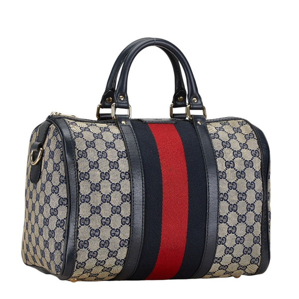グッチ GGキャンバス シェリーライン ボストンバッグ ショルダーバッグ 2WAY 247205 ネイビー キャンバス レザー レディース GUCCI 【中古】