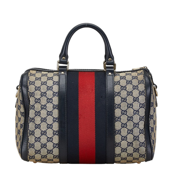 グッチ GGキャンバス シェリーライン ボストンバッグ ショルダーバッグ 2WAY 247205 ネイビー キャンバス レザー レディース GUCCI 【中古】