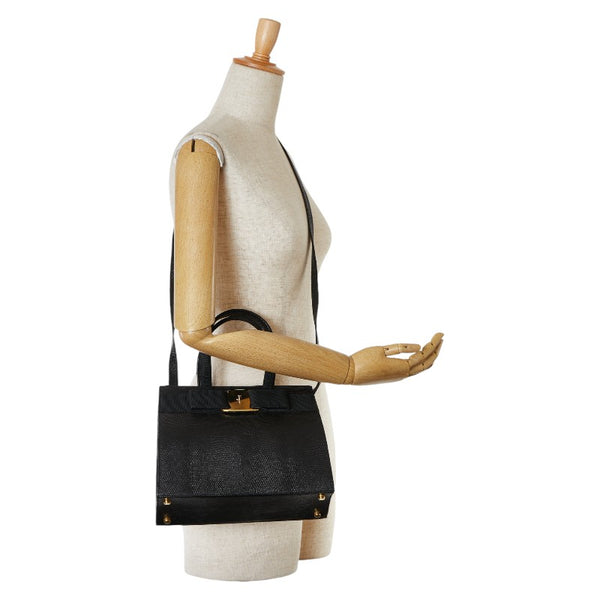 サルヴァトーレフェラガモ ヴァラ リボン リザード 型押し ハンドバッグ ショルダーバッグ 2WAY BA214178 ブラック レザー レディース Salvatore Ferragamo 【中古】