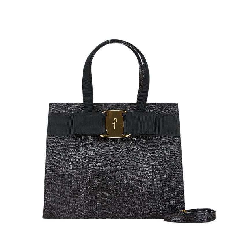 サルヴァトーレフェラガモ ヴァラ リボン リザード 型押し ハンドバッグ ショルダーバッグ 2WAY BA214178 ブラック レザー レディース Salvatore Ferragamo 【中古】