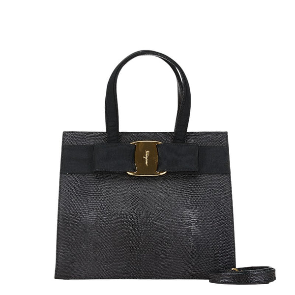 サルヴァトーレフェラガモ ヴァラ リボン リザード 型押し ハンドバッグ ショルダーバッグ 2WAY BA214178 ブラック レザー レディース Salvatore Ferragamo 【中古】