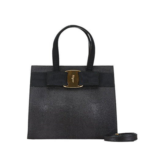 サルヴァトーレフェラガモ ヴァラ リボン リザード 型押し ハンドバッグ ショルダーバッグ 2WAY BA214178 ブラック レザー レディース Salvatore Ferragamo 【中古】