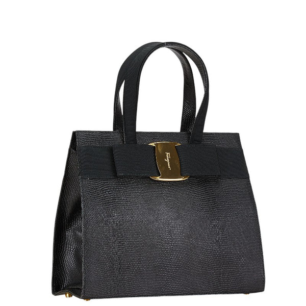 サルヴァトーレフェラガモ ヴァラ リボン リザード 型押し ハンドバッグ ショルダーバッグ 2WAY BA214178 ブラック レザー レディース Salvatore Ferragamo 【中古】