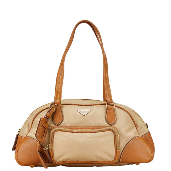 プラダ 三角ロゴプレート ハンドバッグ ベージュ ナイロン レザー レディース PRADA 【中古】