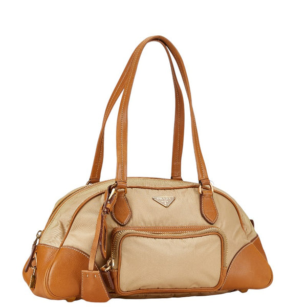 プラダ 三角ロゴプレート ハンドバッグ ベージュ ナイロン レザー レディース PRADA 【中古】