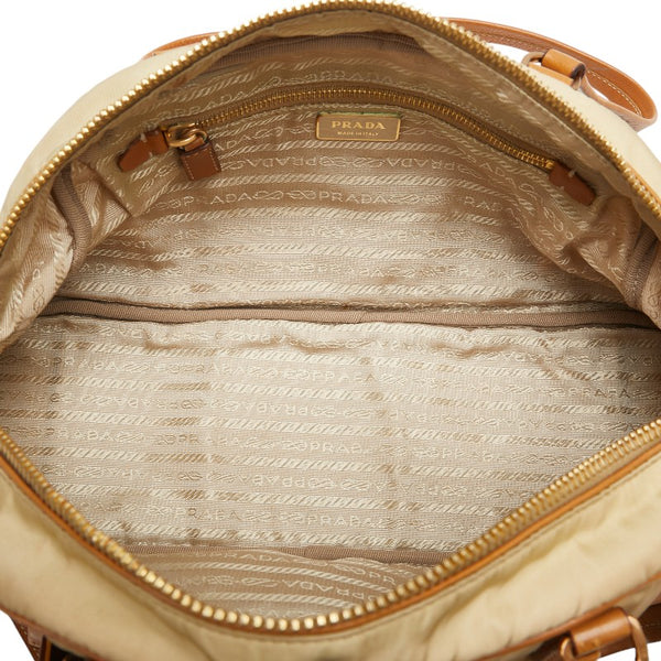 プラダ 三角ロゴプレート ハンドバッグ ベージュ ナイロン レザー レディース PRADA 【中古】