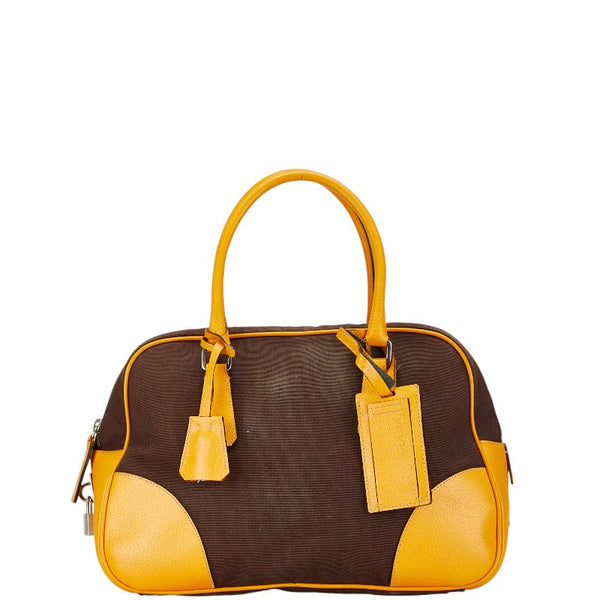 プラダ 三角ロゴプレート ボーリングバッグ ハンドバッグ ブラウン イエロー キャンバス レザー レディース PRADA 【中古】