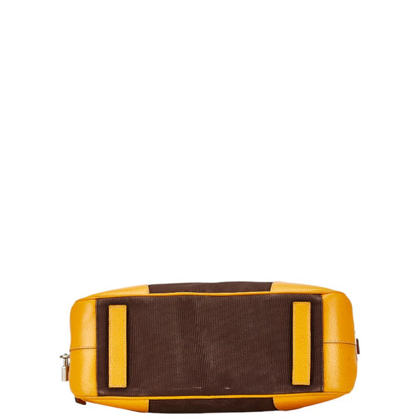 プラダ 三角ロゴプレート ボーリングバッグ ハンドバッグ ブラウン イエロー キャンバス レザー レディース PRADA 【中古】