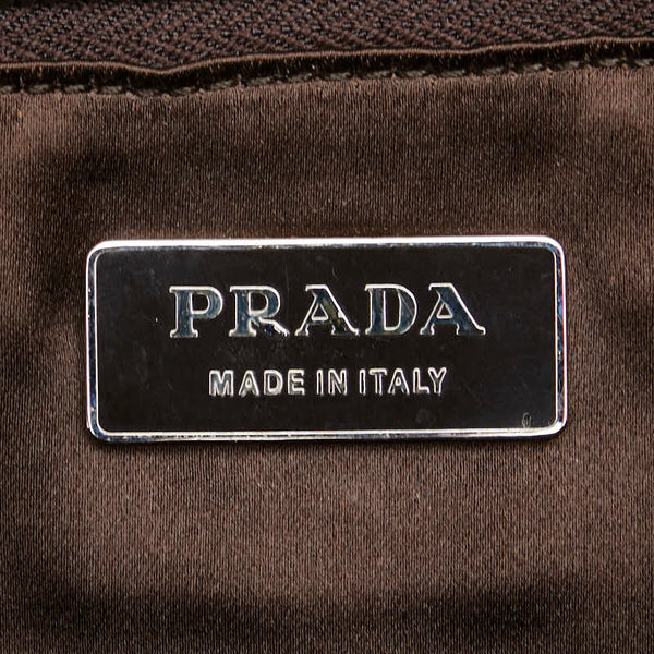 プラダ 三角ロゴプレート ボーリングバッグ ハンドバッグ ブラウン イエロー キャンバス レザー レディース PRADA 【中古】