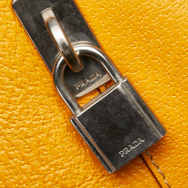 プラダ 三角ロゴプレート ボーリングバッグ ハンドバッグ ブラウン イエロー キャンバス レザー レディース PRADA 【中古】