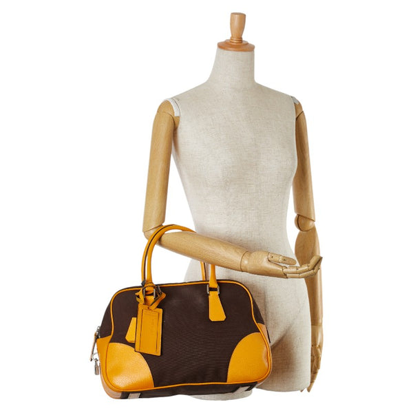 プラダ 三角ロゴプレート ボーリングバッグ ハンドバッグ ブラウン イエロー キャンバス レザー レディース PRADA 【中古】