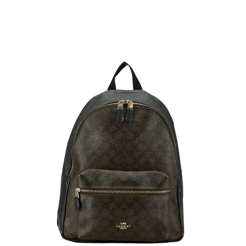 コーチ シグネチャー リュック バックパック F58314 ダークブラウン ブラック PVC レザー レディース COACH 【中古】