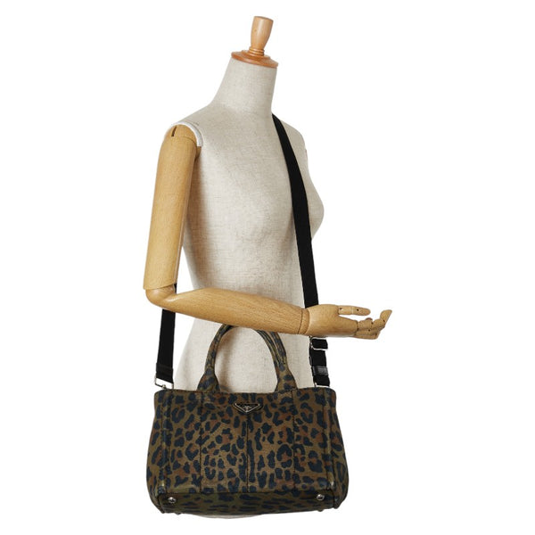 プラダ カナパミニ レオパード柄 ハンドバッグ ショルダーバッグ 2WAY 1BG439 カーキ ブラック キャンバス レディース PRADA 【中古】