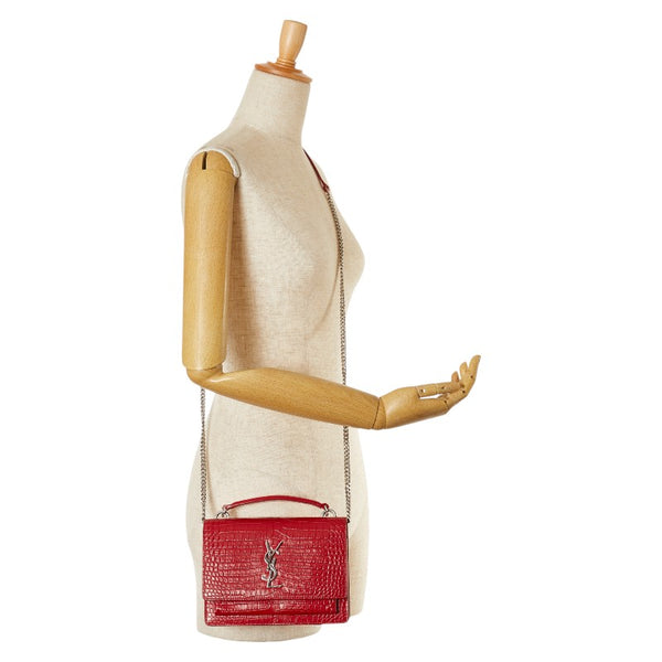 サンローラン クロコ型押し 斜め掛け チェーン ショルダーバッグ ウォレット レッド レザー レディース SAINT LAURENT 【中古】