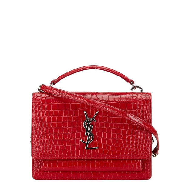 サンローラン クロコ型押し 斜め掛け チェーン ショルダーバッグ ウォレット レッド レザー レディース SAINT LAURENT 【中古】