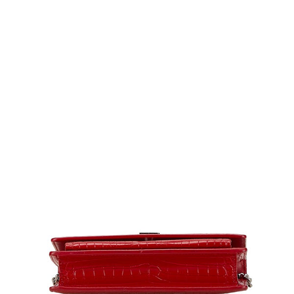 サンローラン クロコ型押し 斜め掛け チェーン ショルダーバッグ ウォレット レッド レザー レディース SAINT LAURENT 【中古】