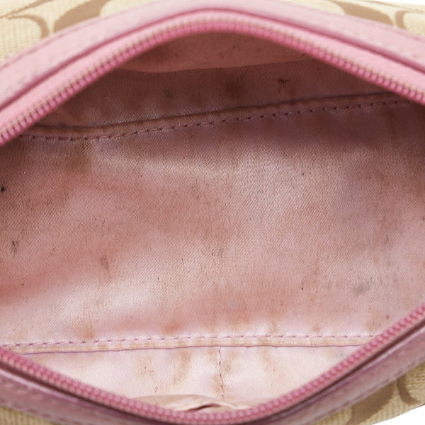 コーチ シグネチャー ポーチ ベージュ ピンク キャンバス レザー レディース COACH 【中古】