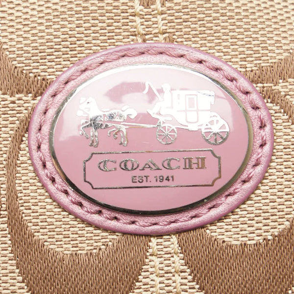 コーチ シグネチャー ポーチ ベージュ ピンク キャンバス レザー レディース COACH 【中古】