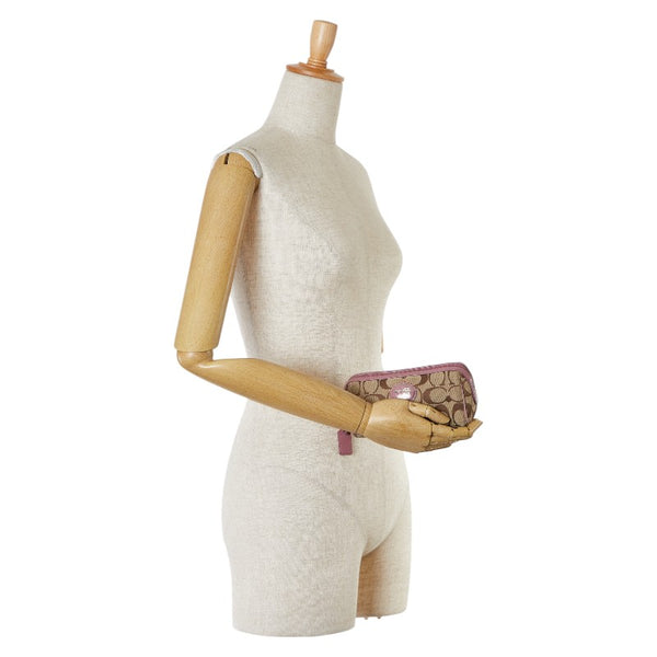 コーチ シグネチャー ポーチ ベージュ ピンク キャンバス レザー レディース COACH 【中古】