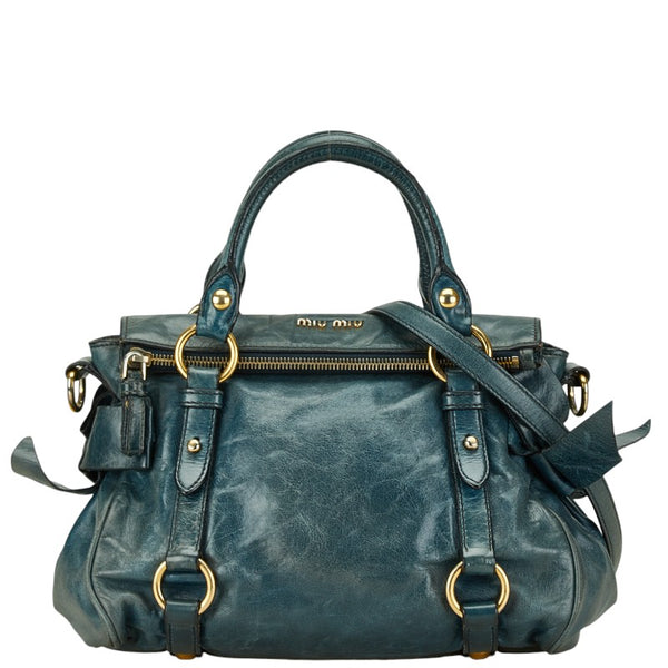 ミュウミュウ リボン モチーフ ハンドバッグ ショルダーバッグ 2WAY ブルー ネイビー レザー レディース MIUMIU 【中古】