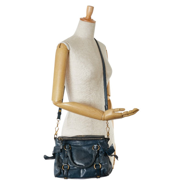 ミュウミュウ リボン モチーフ ハンドバッグ ショルダーバッグ 2WAY ブルー ネイビー レザー レディース MIUMIU 【中古】