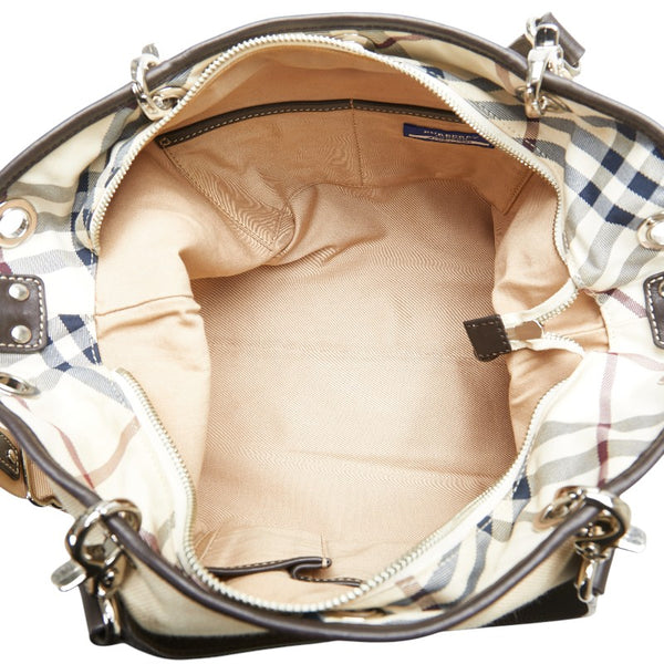 バーバリー ノバチェック ハンドバッグ ショルダーバッグ 2WAY アイボリー ブラウン キャンバス レザー レディース BURBERRY 【中古】