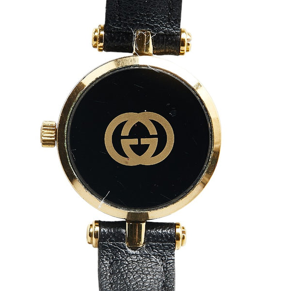 グッチ シェリーライン 腕時計 クオーツ ブラック文字盤 レザー レディース GUCCI 【中古】