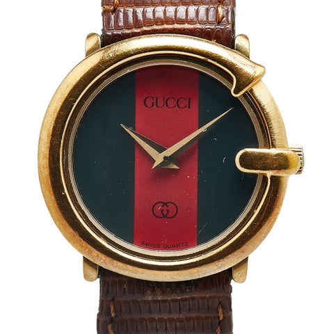グッチ ヴィンテージ シェリーライン 腕時計 クオーツ グリーン レッド文字盤 レザー レディース GUCCI 【中古】