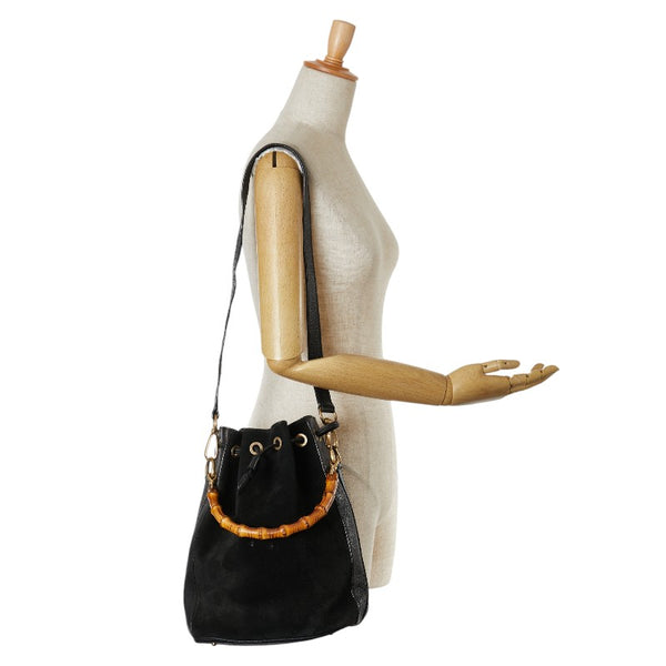 グッチ バンブー ハンドバッグ ショルダーバッグ 2WAY 001 2855 1657 0 ブラック ブラウン スウェード レザー レディース GUCCI 【中古】