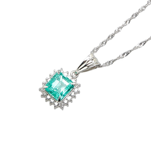 Pt900 プラチナ Pt850 プラチナ エメラルド1.00ct ダイヤ0.15ct スクエア ネックレス レディース 【中古】