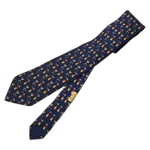 エルメス 夜明けのニワトリ 総柄 ネクタイ ブルー シルク メンズ HERMES 【中古】