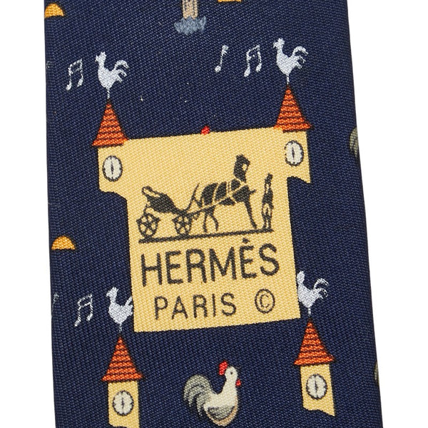 エルメス 夜明けのニワトリ 総柄 ネクタイ ブルー シルク メンズ HERMES 【中古】