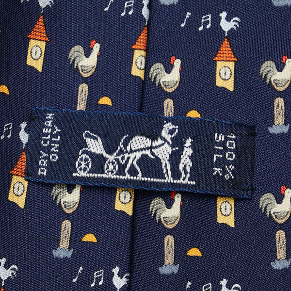 エルメス 夜明けのニワトリ 総柄 ネクタイ ブルー シルク メンズ HERMES 【中古】