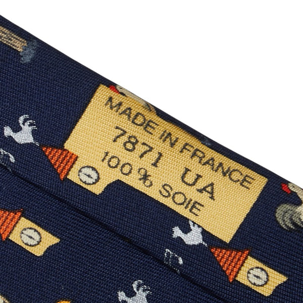 エルメス 夜明けのニワトリ 総柄 ネクタイ ブルー シルク メンズ HERMES 【中古】