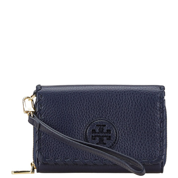 トリーバーチ マリオン 二つ折り財布 コンパクトウォレット ネイビー レザー レディース Tory Burch 【中古】