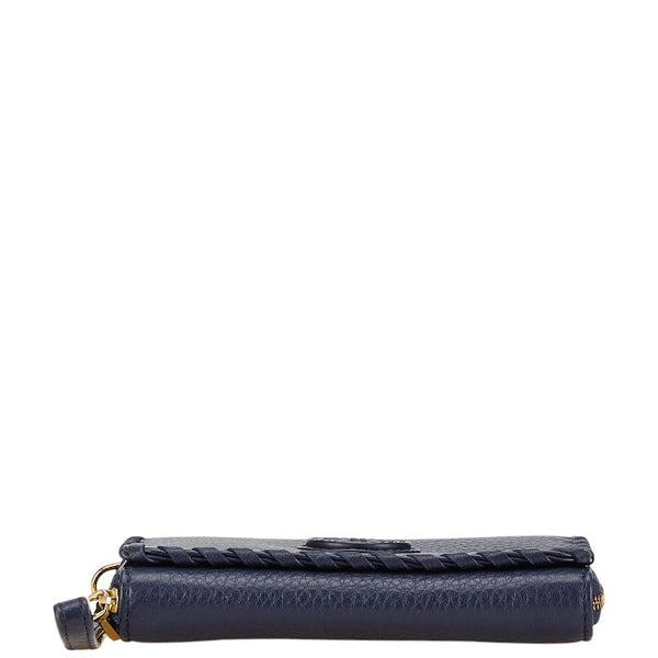 トリーバーチ マリオン 二つ折り財布 コンパクトウォレット ネイビー レザー レディース Tory Burch 【中古】